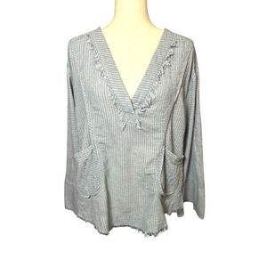 Coastal Boho Cotton Linen Striped Slouchy Deep V Top Pockets Fringe M